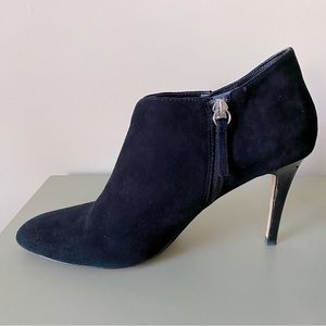 WHBM- MILA Bootie, Black Suede, Shiny Heel with Metallic Accent. Size 8M